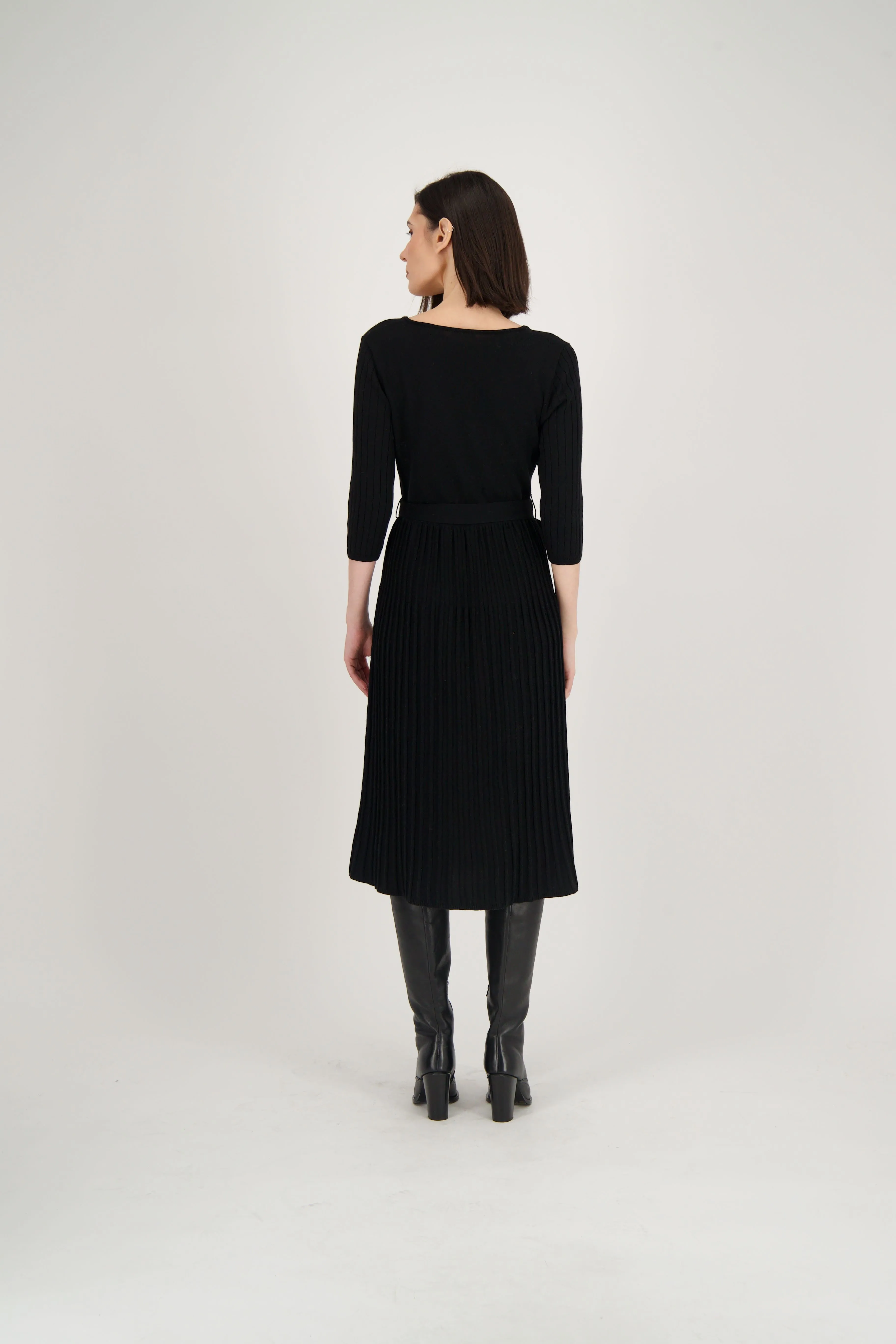 Crossover Neck Pleated Sweater Dress