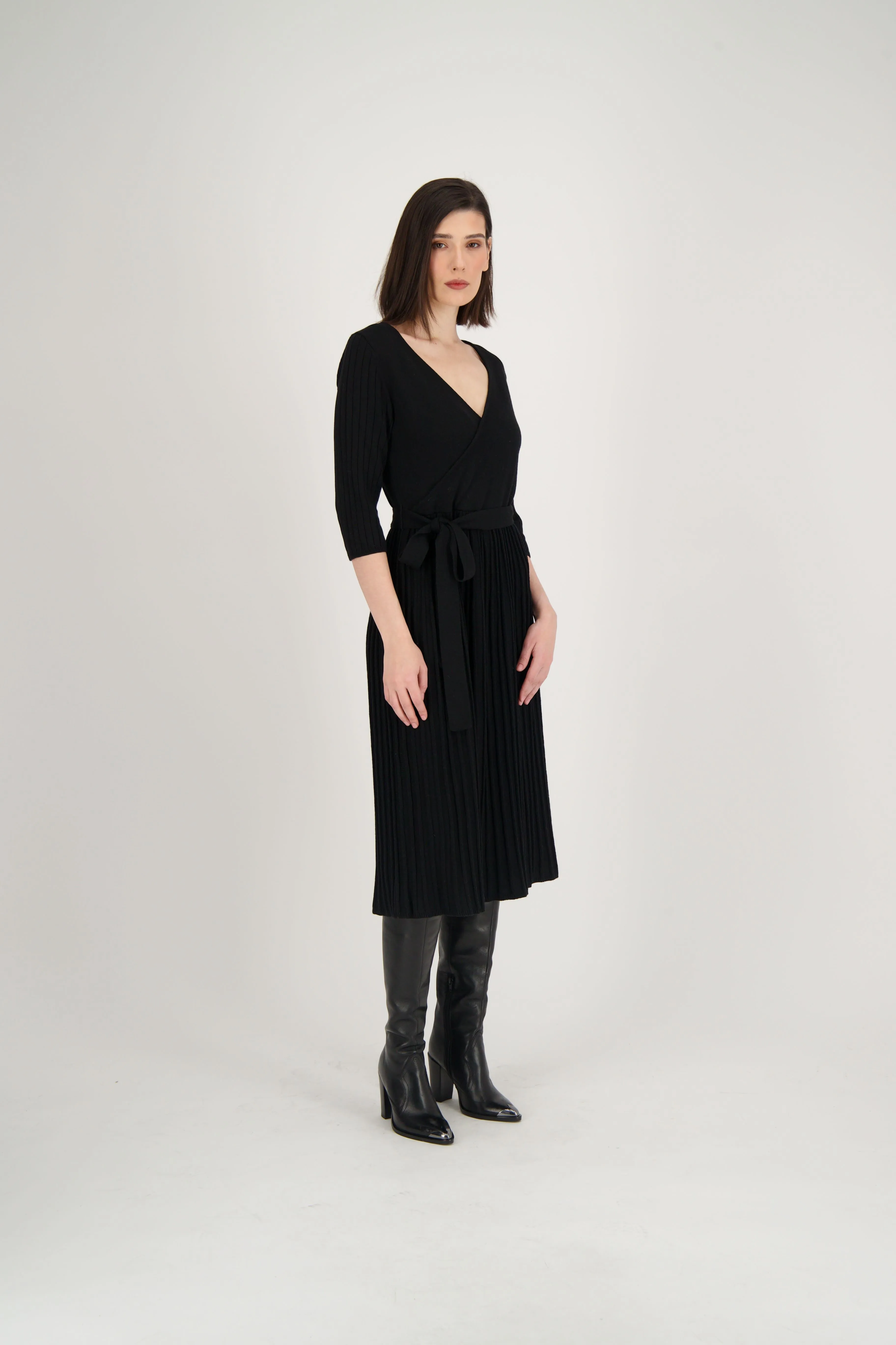 Crossover Neck Pleated Sweater Dress