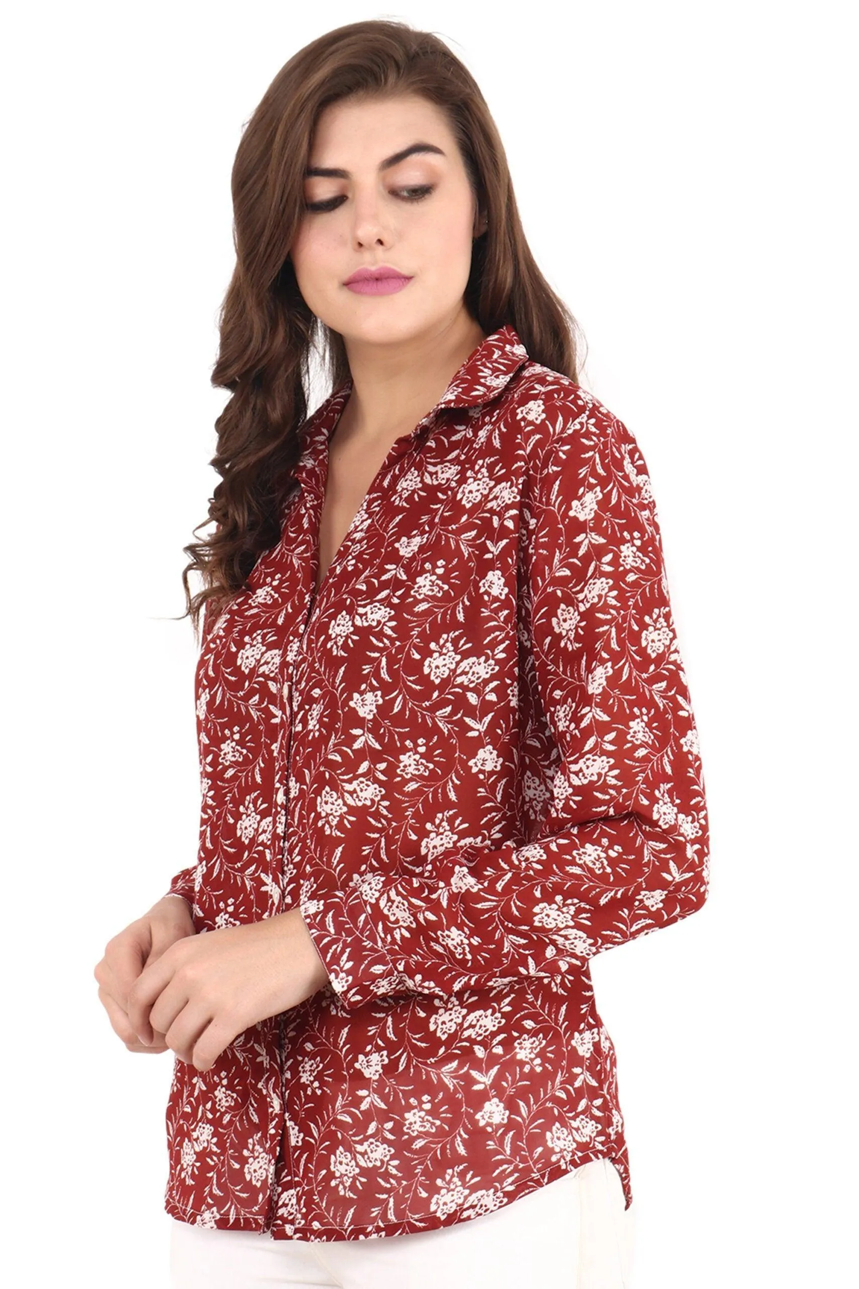 Dark Red Floral Printed Shirt