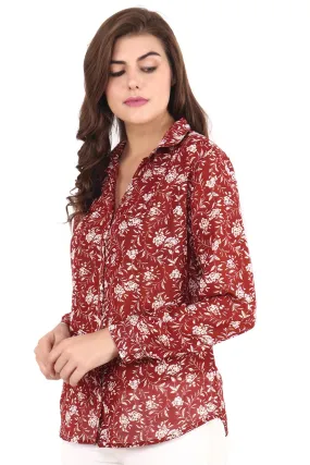 Dark Red Floral Printed Shirt