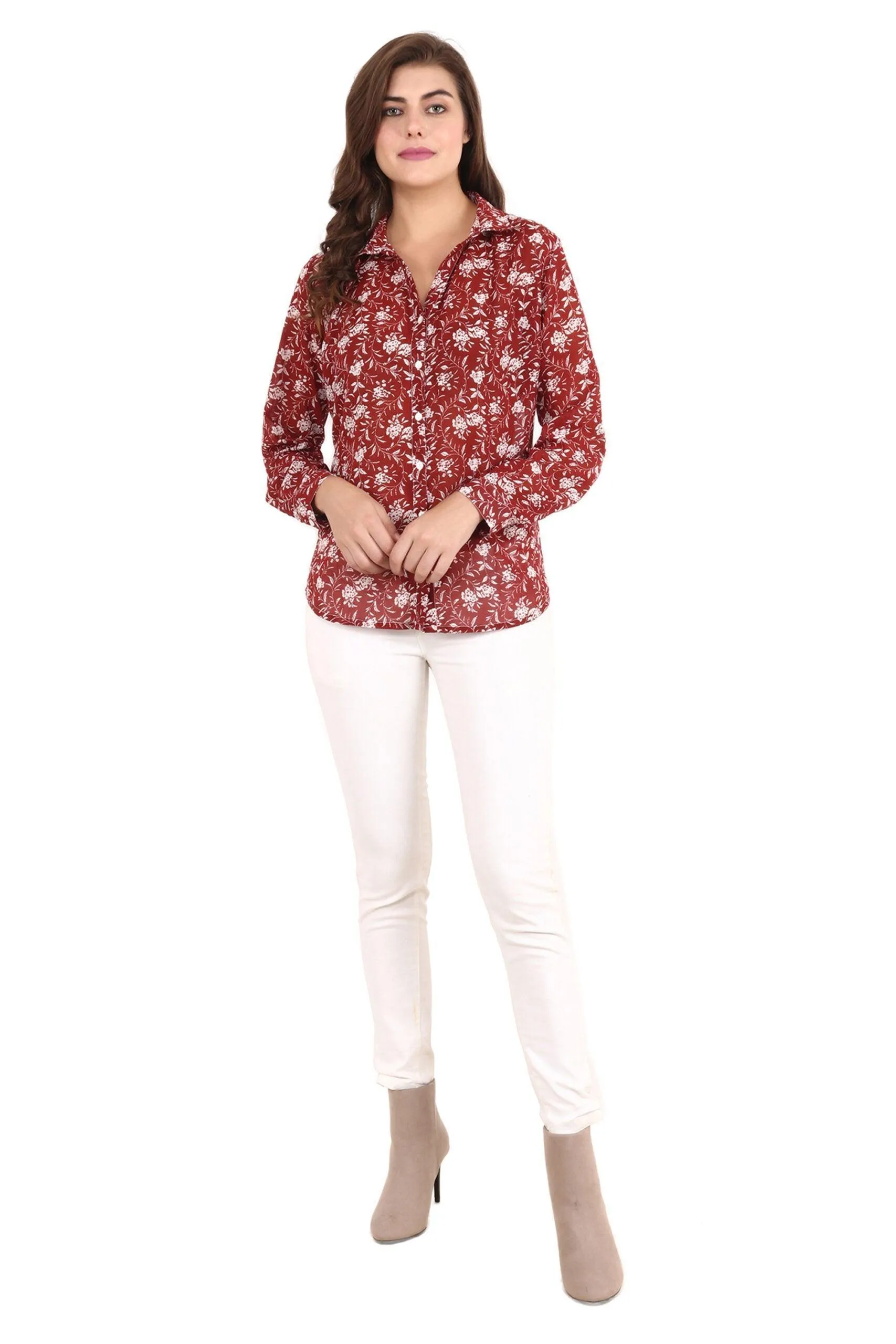 Dark Red Floral Printed Shirt