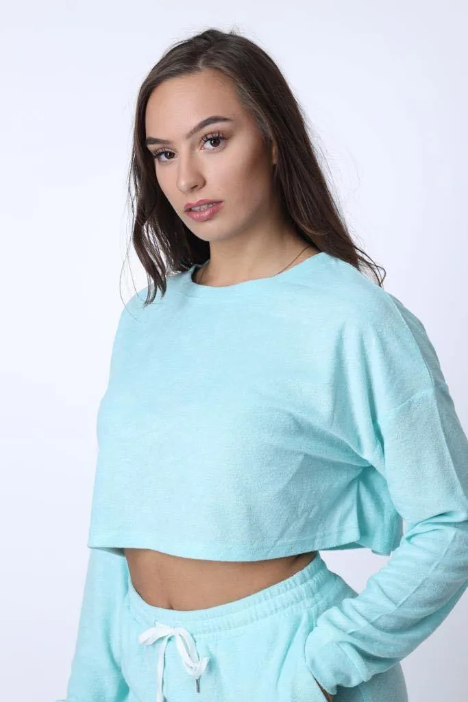 Day Off Cropped Towelling Jumper in Mint