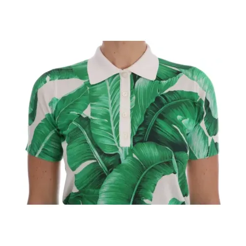 Dolce & Gabbana Green Banana Print Silk Polo T-shirt