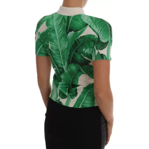 Dolce & Gabbana Green Banana Print Silk Polo T-shirt