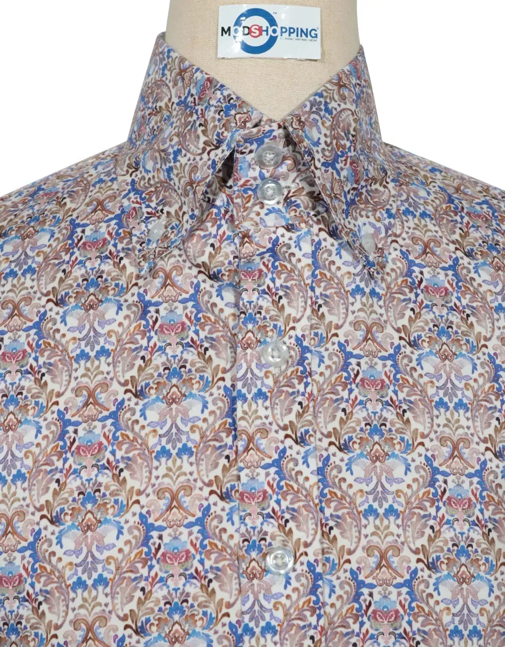 Double Collar Shirt - 60s  Style Brown and Blue Floral Shirt