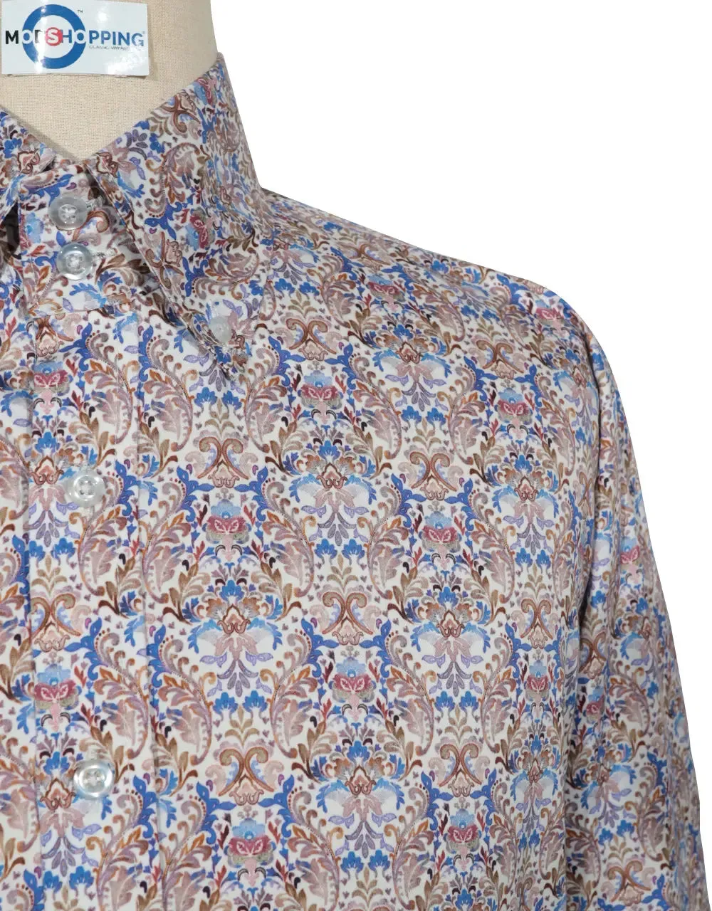 Double Collar Shirt - 60s  Style Brown and Blue Floral Shirt