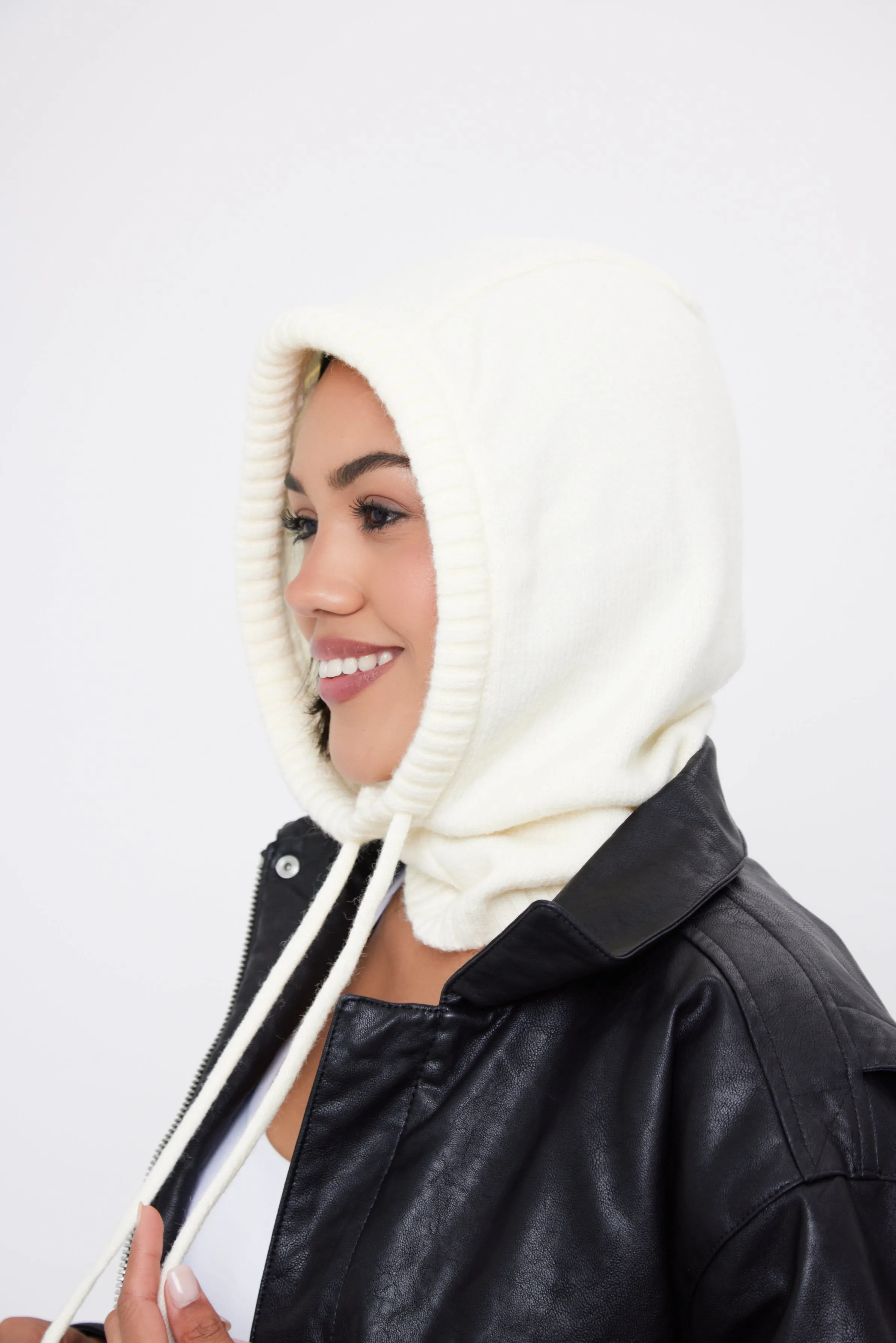 Drawstring Knitted Balaclava Hood in Cream