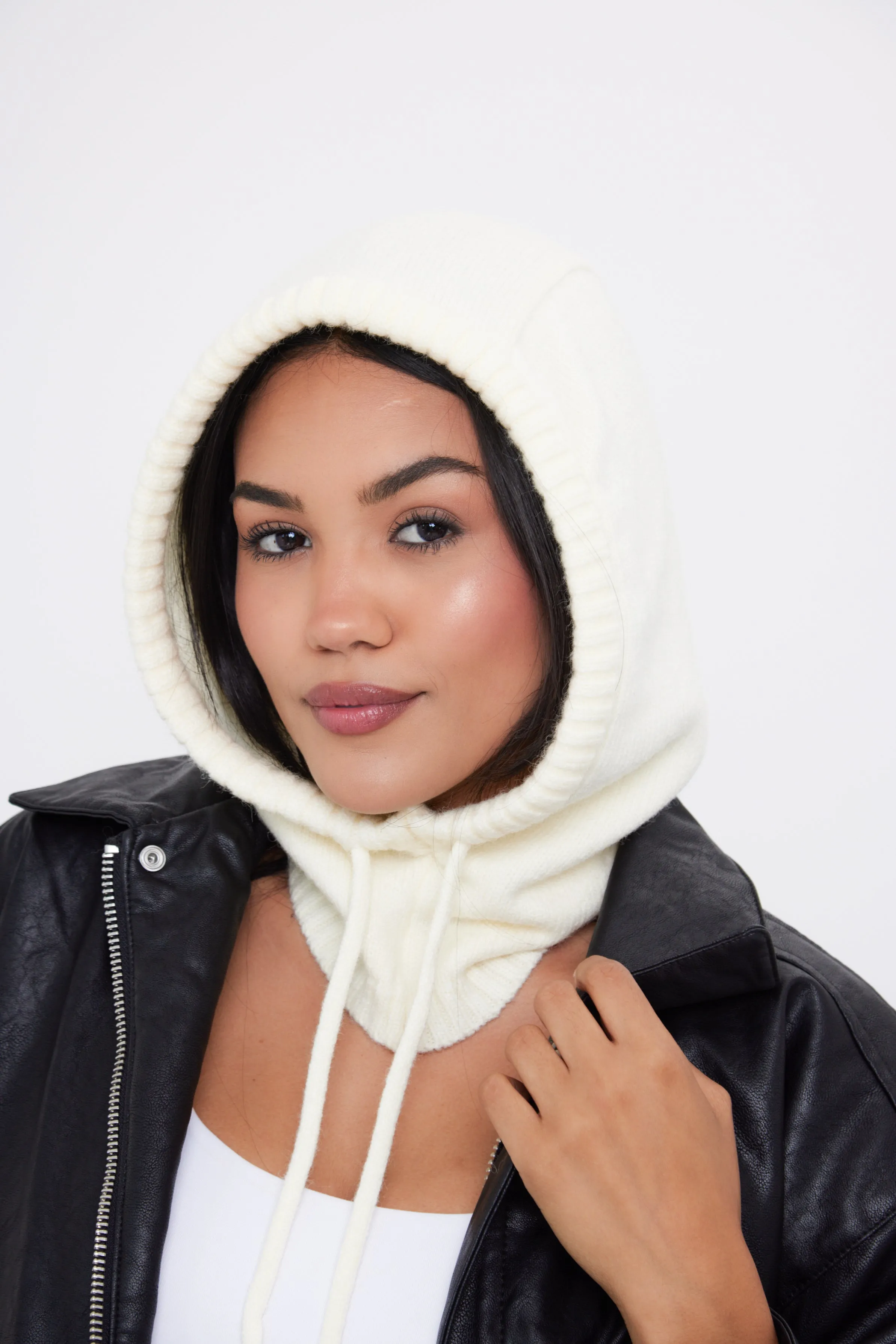 Drawstring Knitted Balaclava Hood in Cream