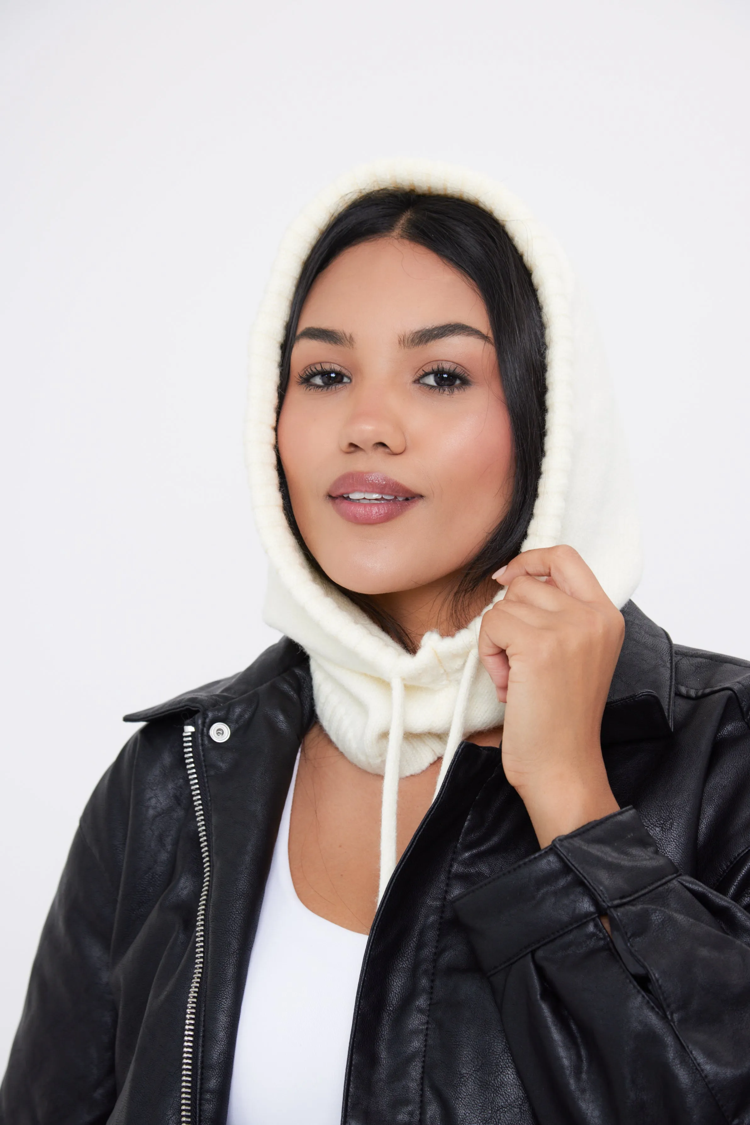 Drawstring Knitted Balaclava Hood in Cream