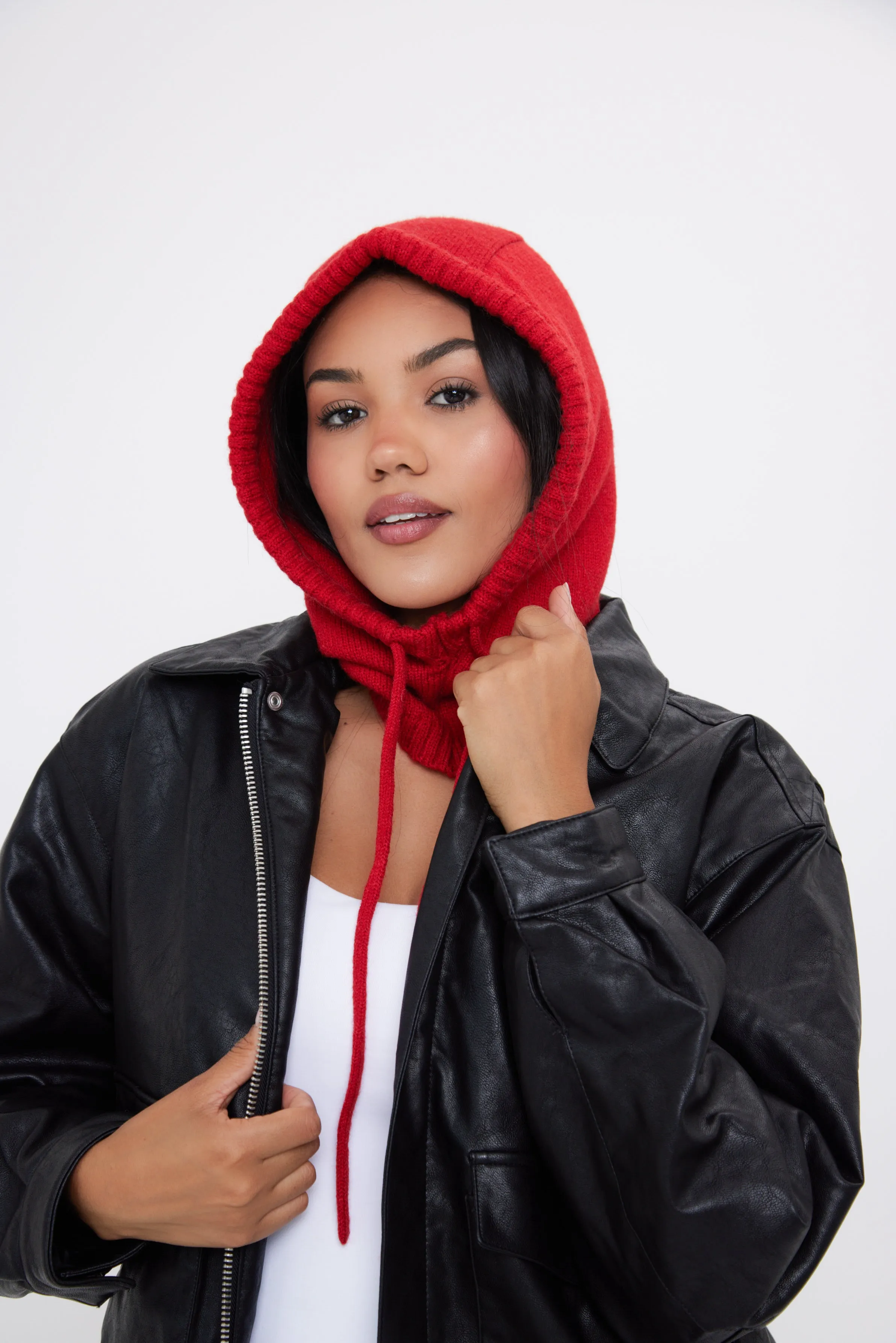 Drawstring Knitted Balaclava Hood in Red