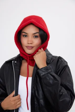 Drawstring Knitted Balaclava Hood in Red