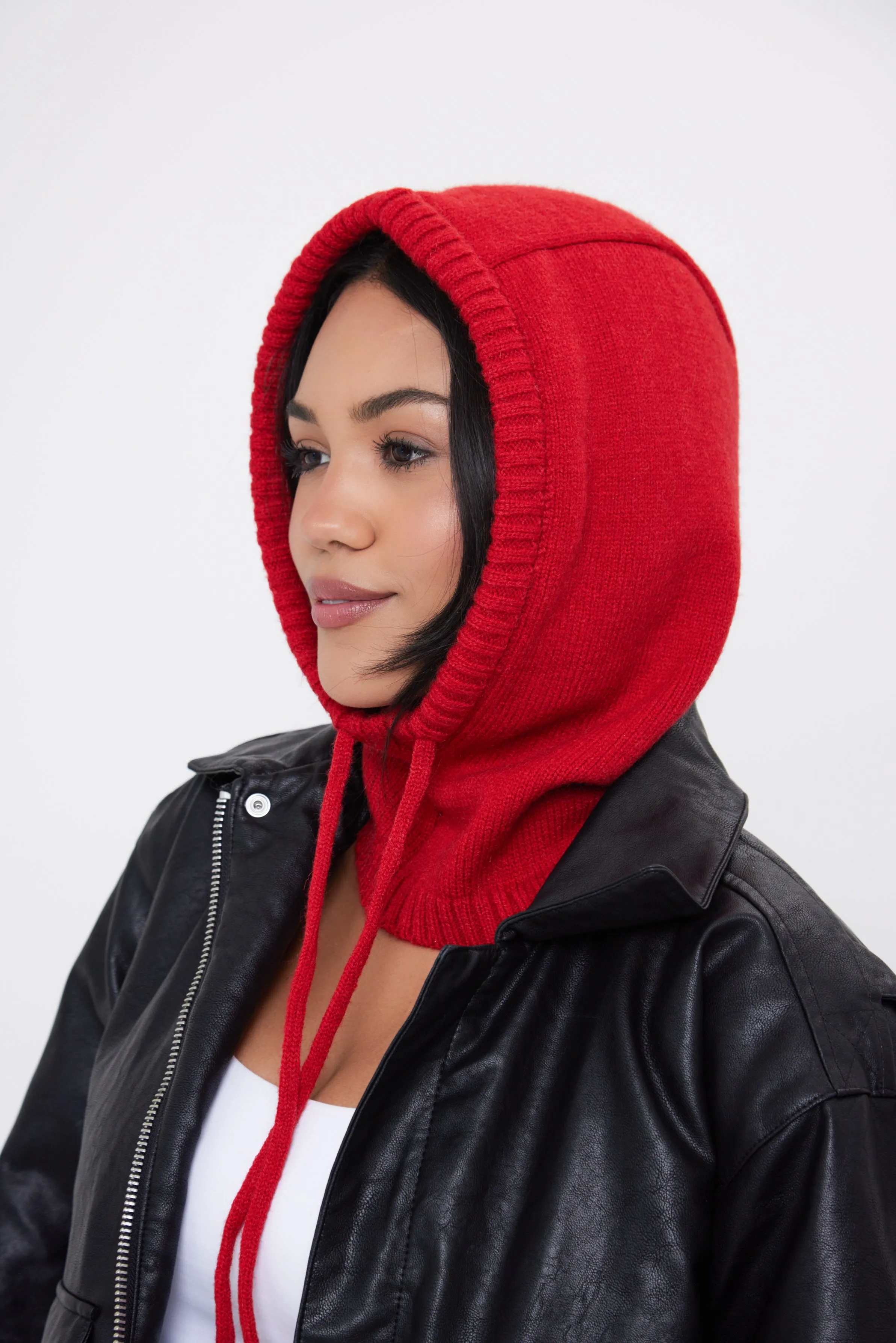 Drawstring Knitted Balaclava Hood in Red