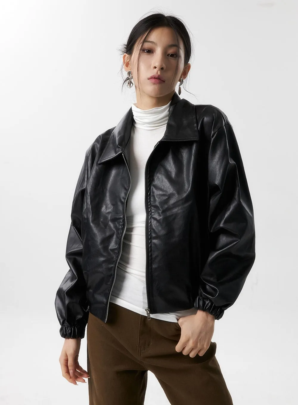 Faux Leather Bomber Jacket IS320