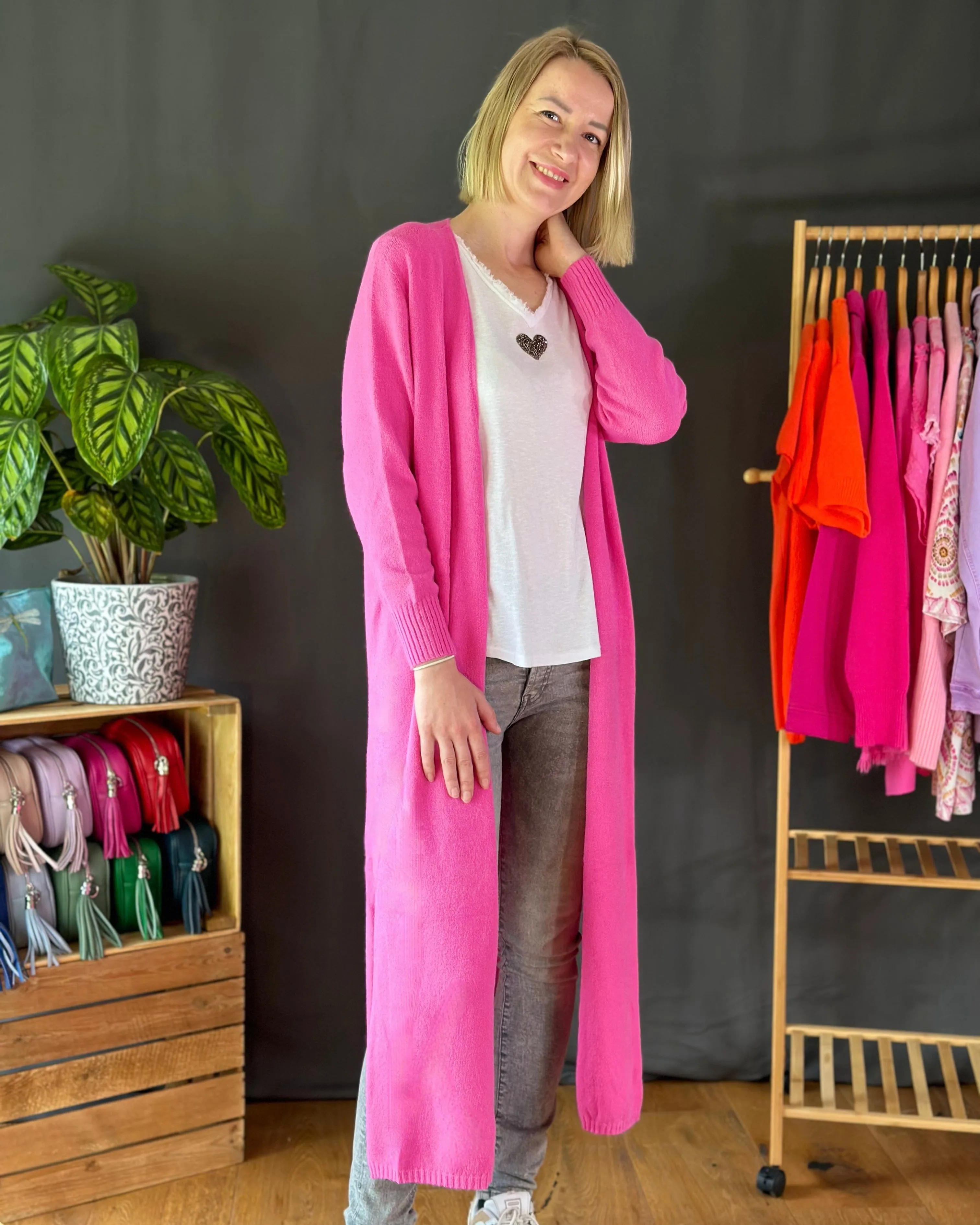 Fine Knit Long Cardigan - Fuchsia