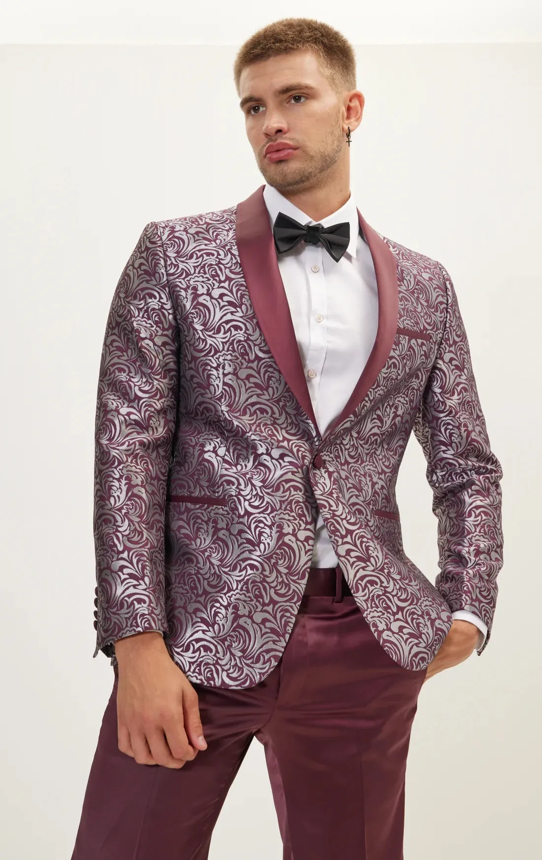 Floral Paisley Shawl Lapel Tuxedo - Burgundy