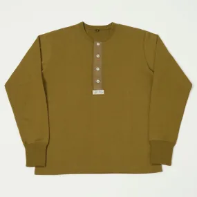 Freewheelers Henley Necked Long Sleeve Shirt - Olive Drab