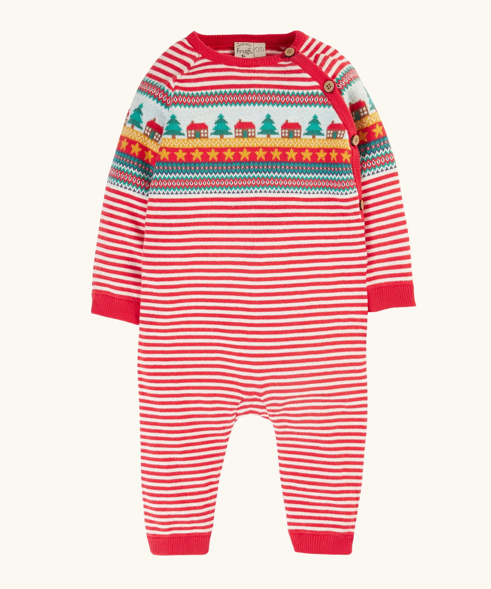 Frugi Lumi Knitted Romper - Fairisle Christmas Stripe