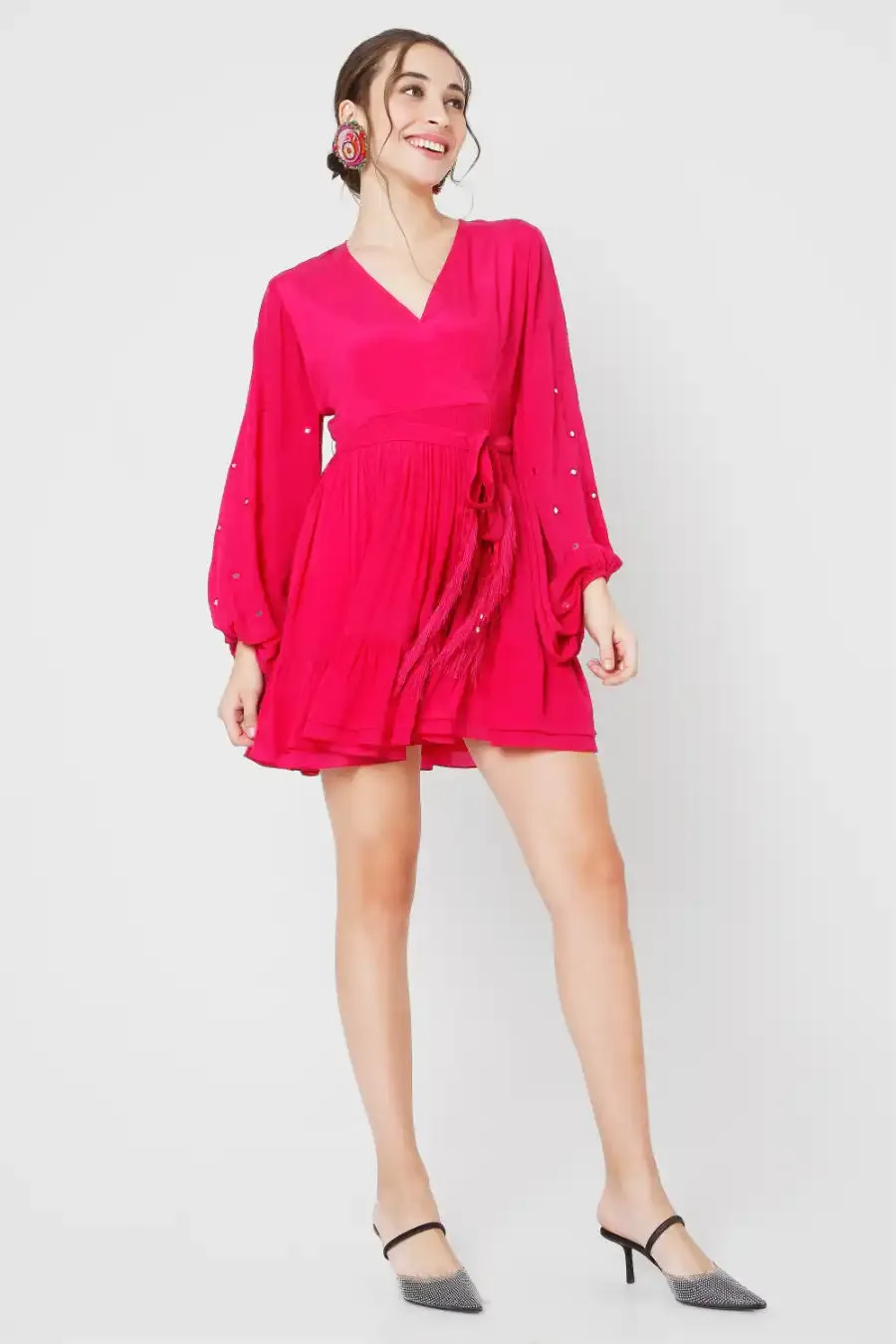 Fuchsia Wrap Dress With Mirror Work