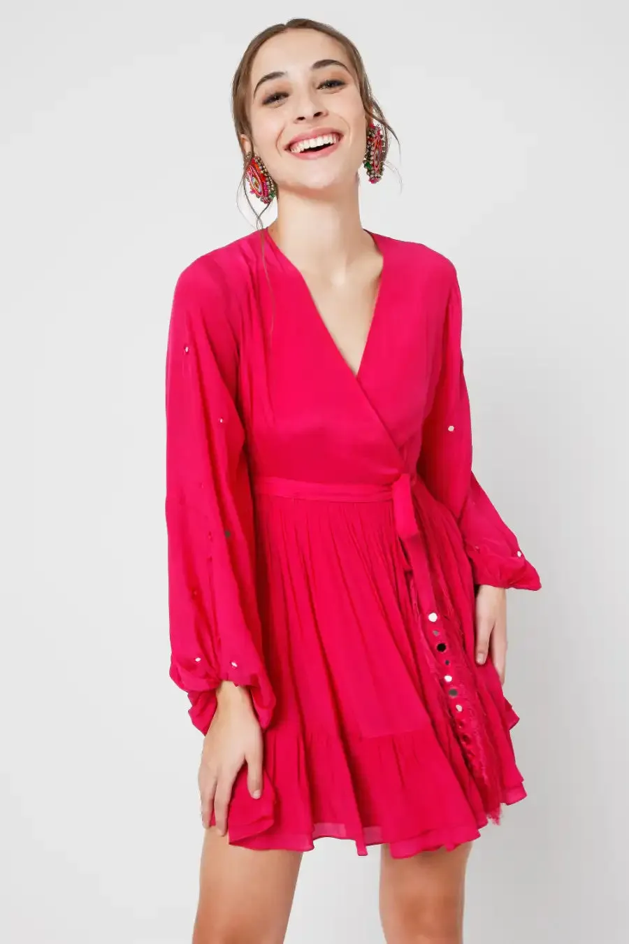 Fuchsia Wrap Dress With Mirror Work