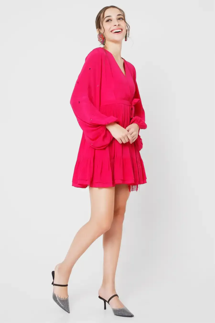 Fuchsia Wrap Dress With Mirror Work