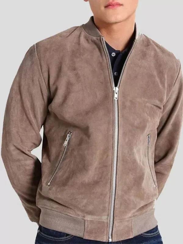 Gray Suede Bomber Jacket for Men