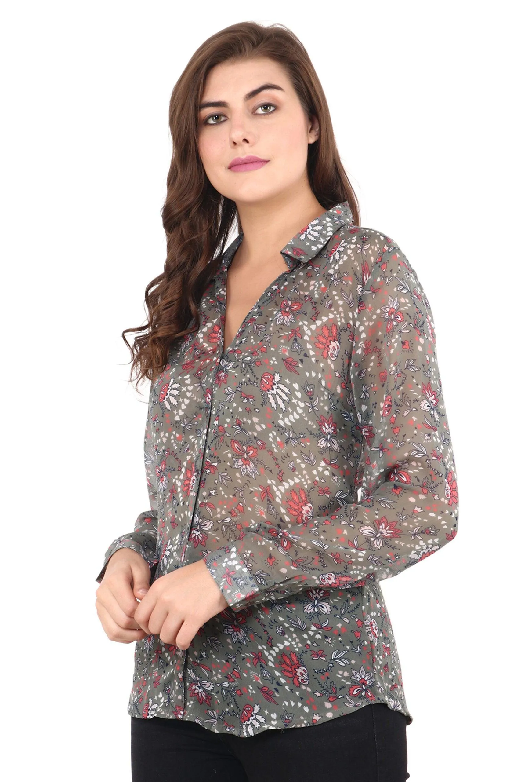 Grey Floral Printed Shirt