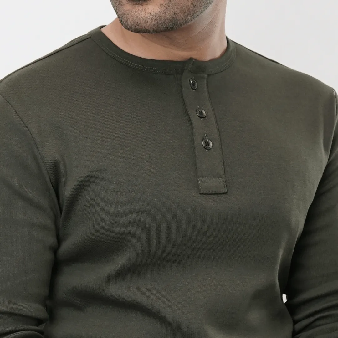 Henley Full Sleeves T-shirt - Olive Green