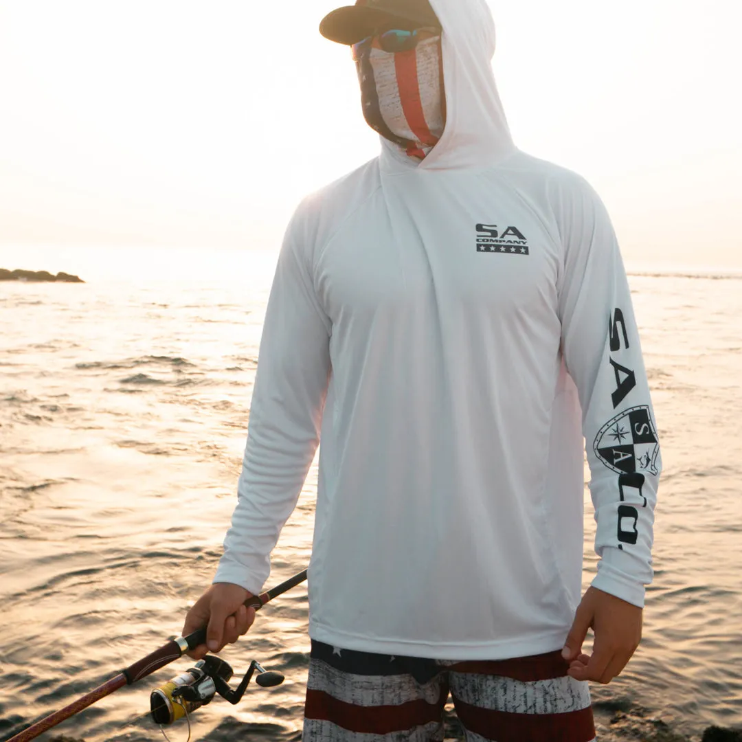 Hooded Performance Long Sleeve Shirt | White | Inner Hood American Flag