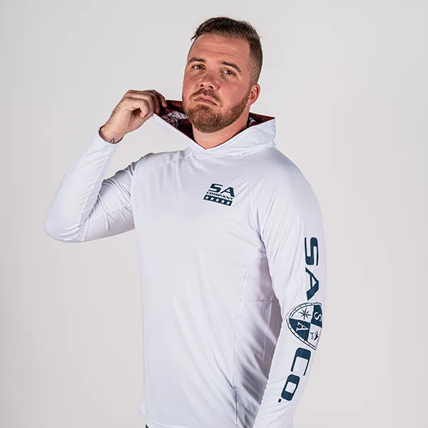 Hooded Performance Long Sleeve Shirt | White | Inner Hood American Flag