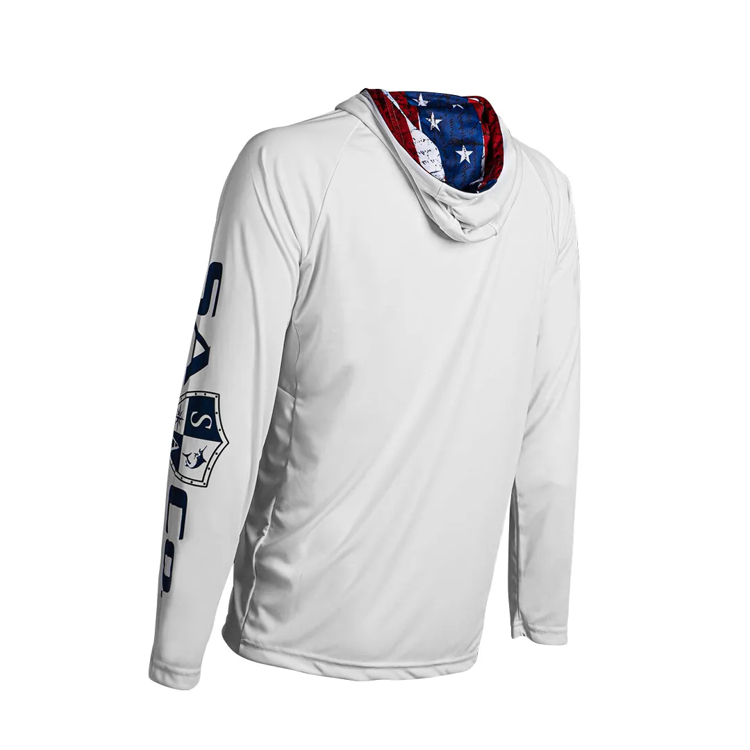 Hooded Performance Long Sleeve Shirt w/Mesh | White | Inner Hood-American Flag