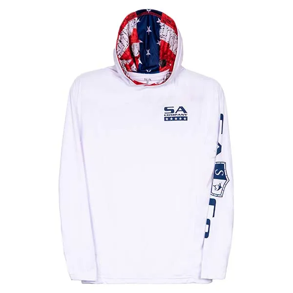 Hooded Performance Long Sleeve Shirt w/Mesh | White | Inner Hood-American Flag