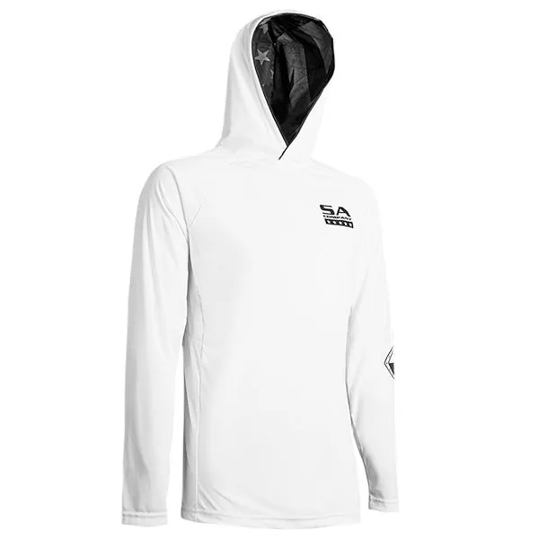 Hooded Performance Long Sleeve Shirt w/Mesh | White | Inner Hood-B/O American Flag