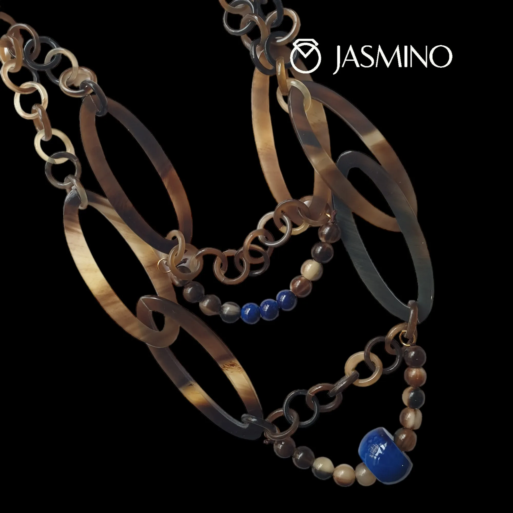 Jasmino Luxury Bohemian Navy Blue Beads Chain Link Necklace Made By Natural Buffalo Horn