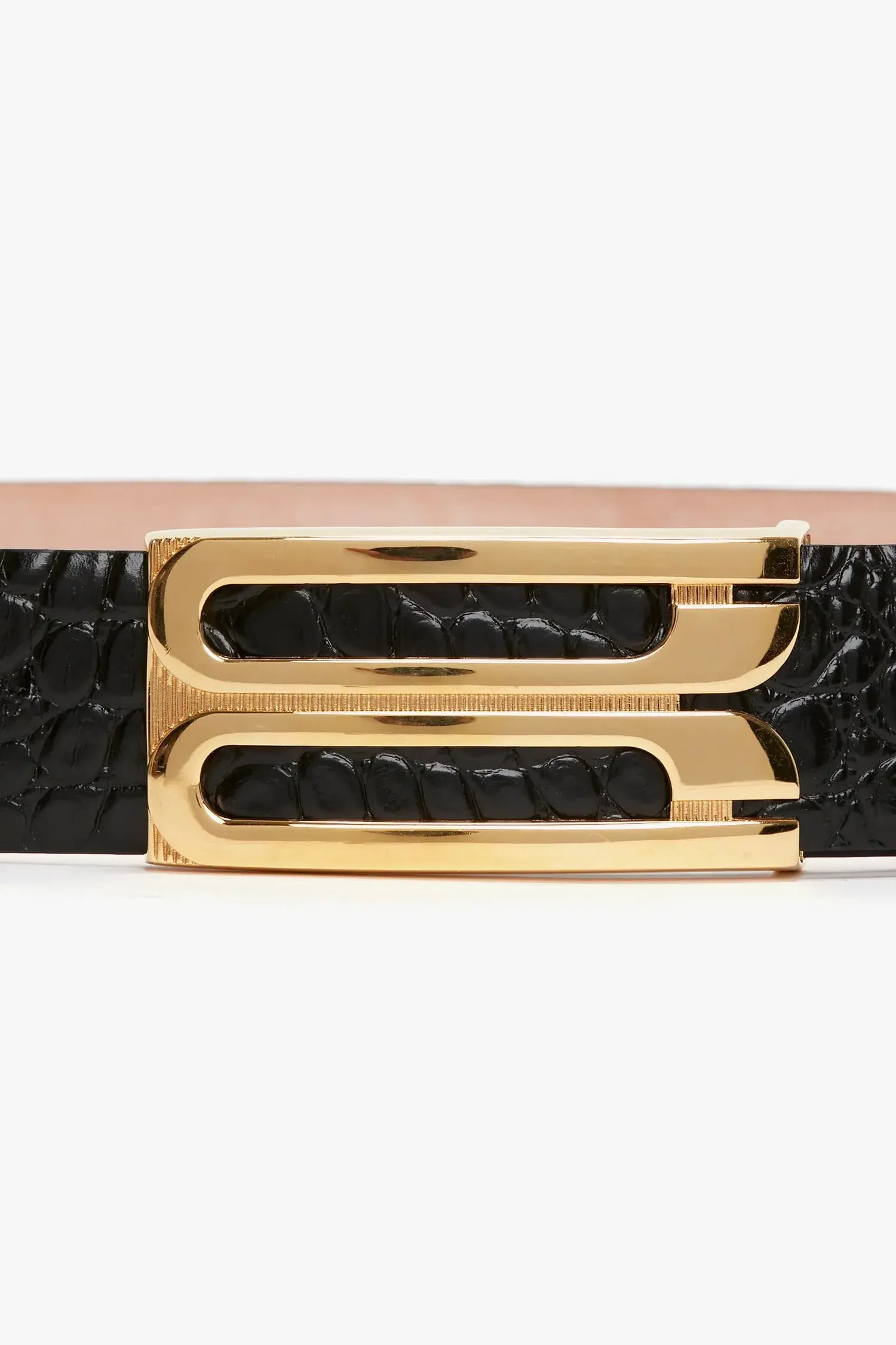 Jumbo Frame Belt In Black Croc Embossed Leather