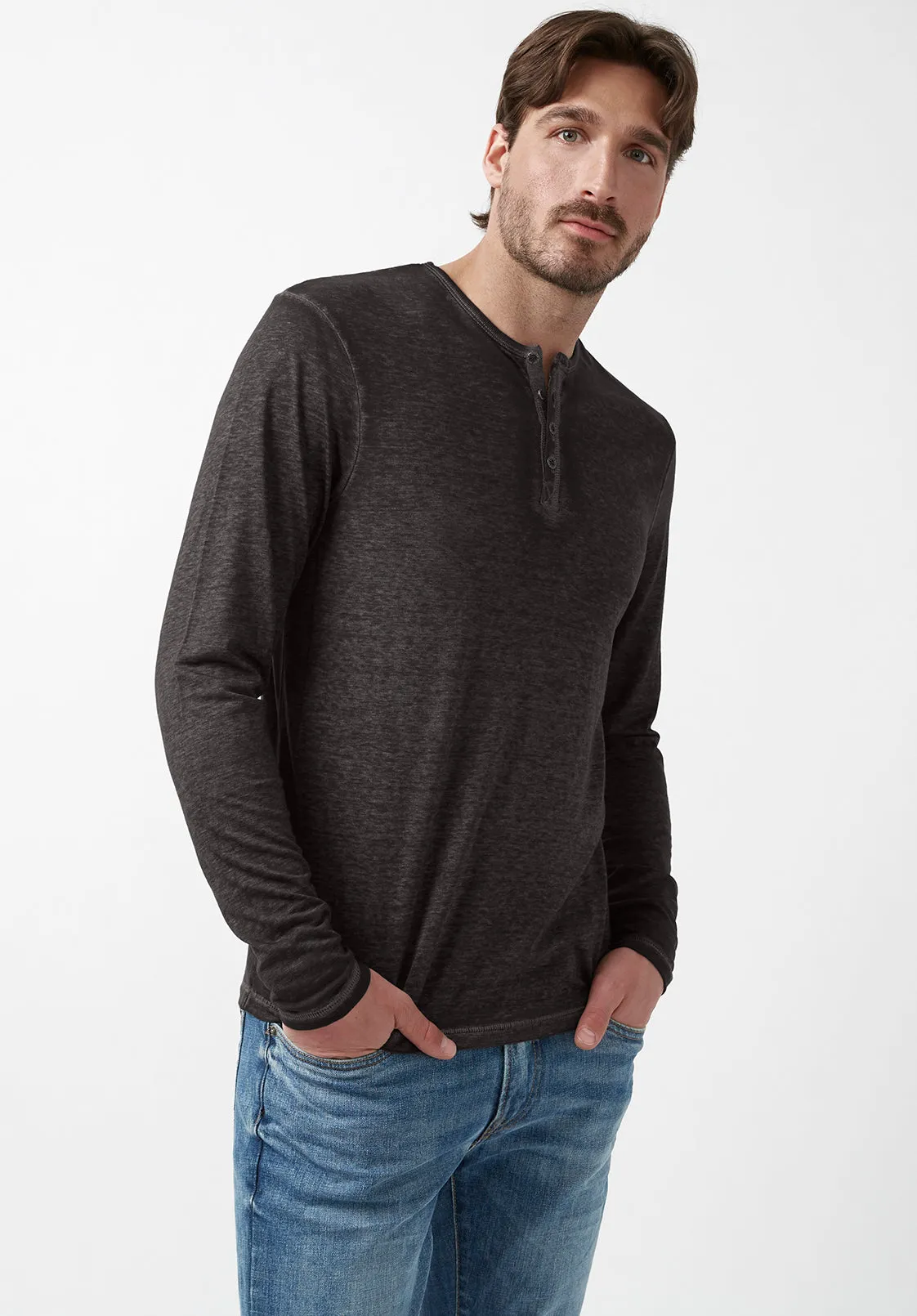 Kaduk Men's Long-Sleeve Henley Top in Black - BM24041