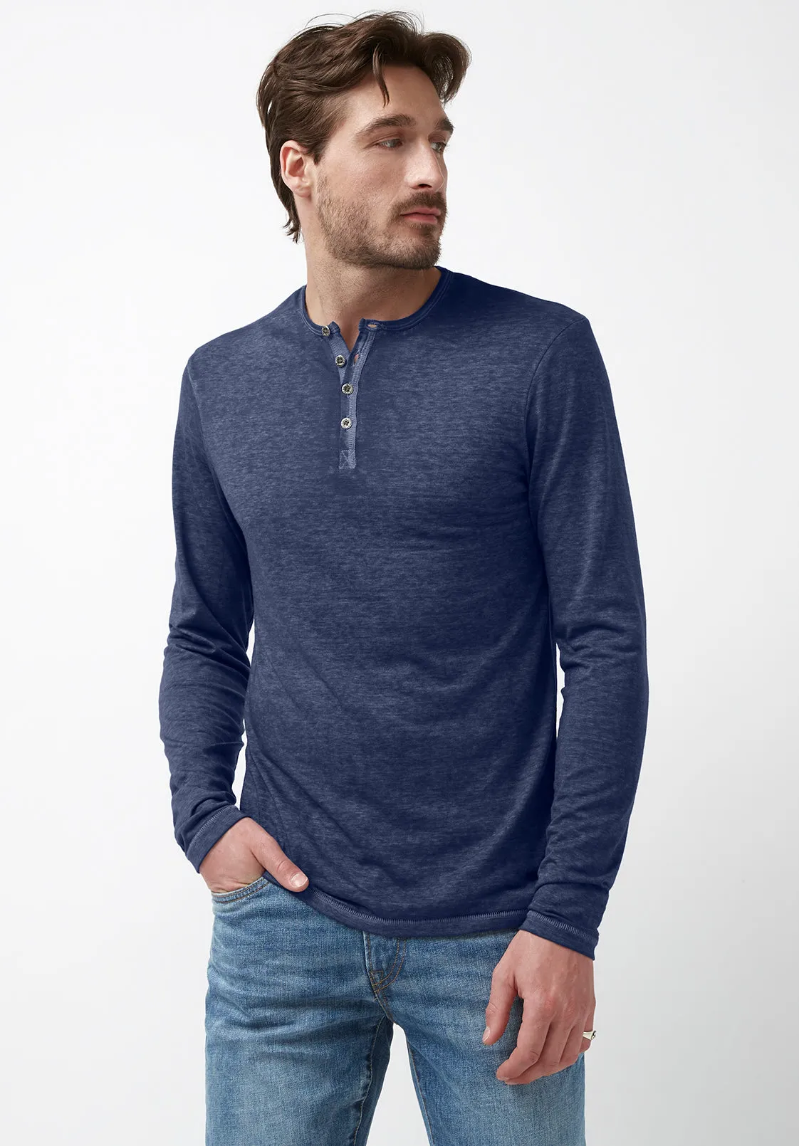 Kaduk Men's Long-Sleeve Henley Top in Dark Blue - BM24041