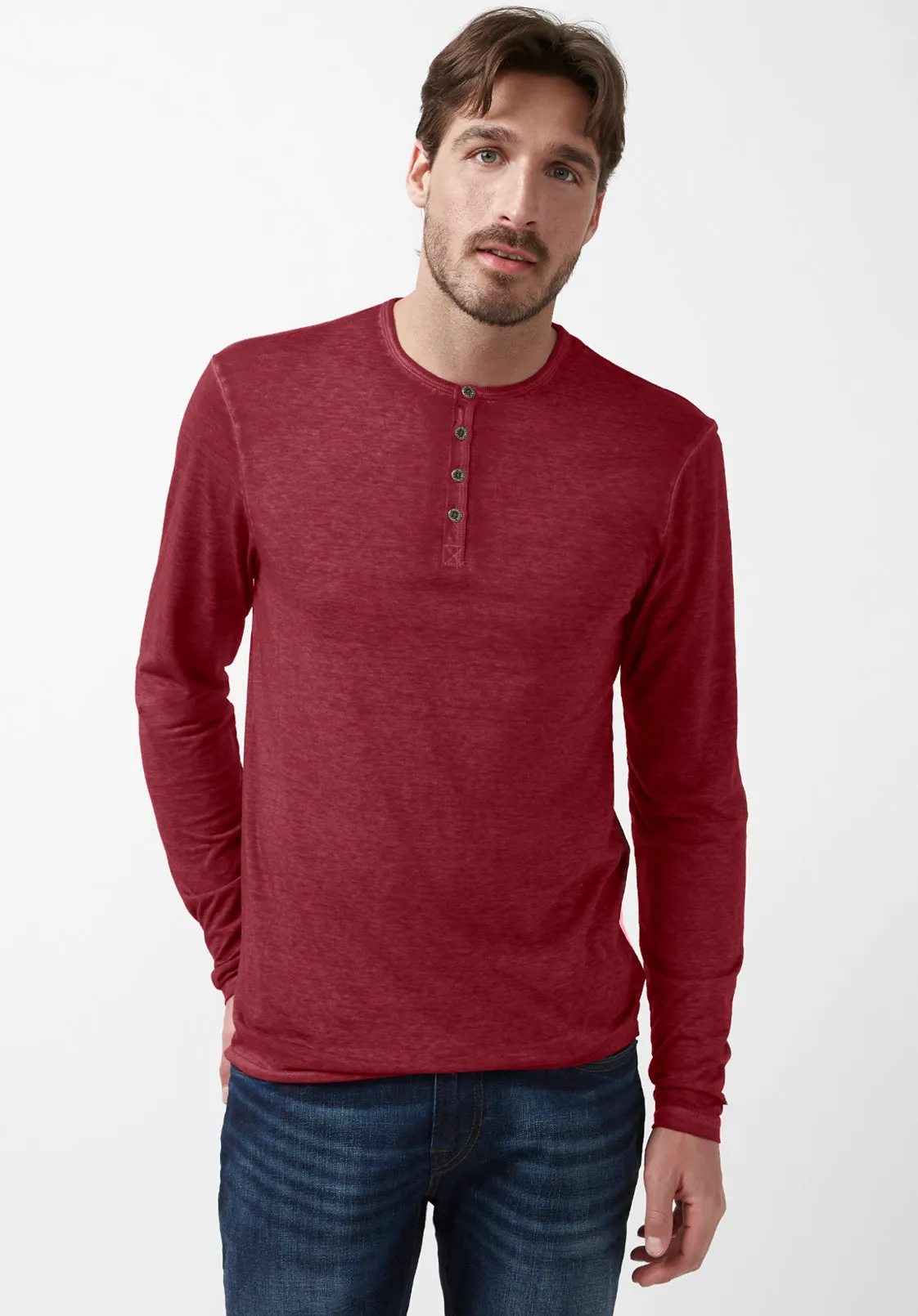 Kaduk Men's Long-Sleeve Henley Top in Dark Red - BM24041