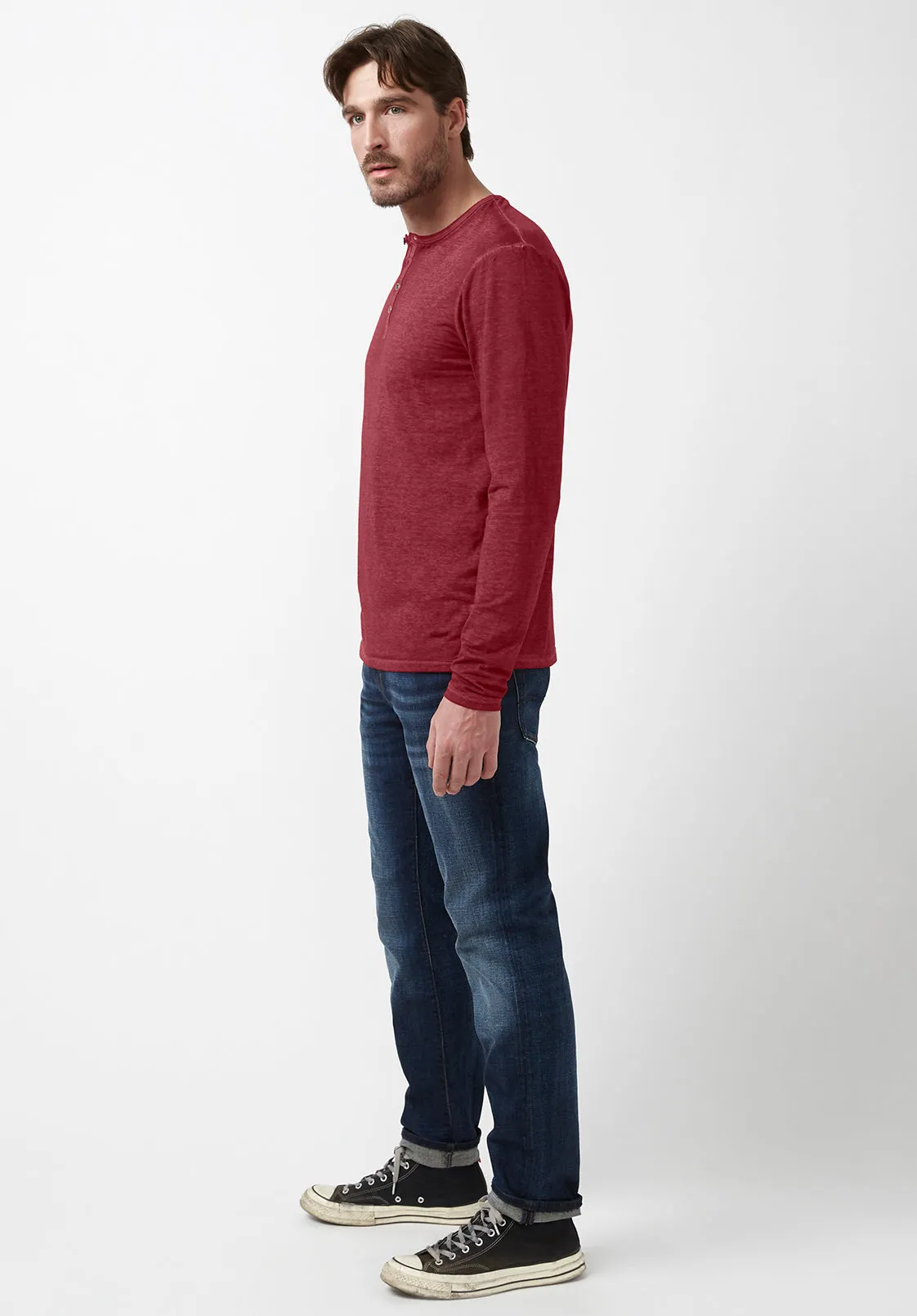 Kaduk Men's Long-Sleeve Henley Top in Dark Red - BM24041