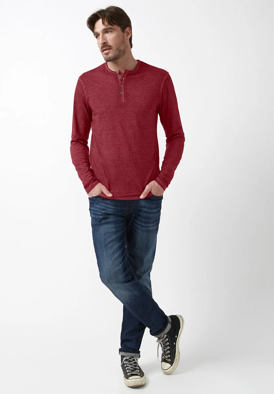 Kaduk Men's Long-Sleeve Henley Top in Dark Red - BM24041