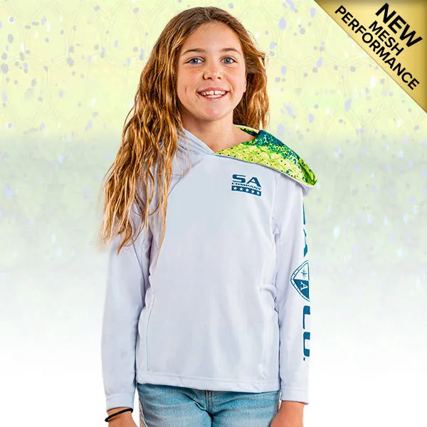 Kids Hooded Performance Long Sleeve Shirt | White | Inner Hood Mahi