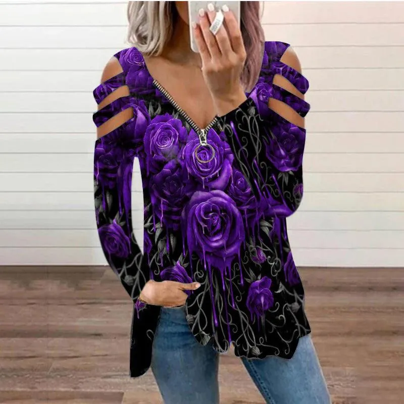 Ladies Liquid Rose Petal Hollow Long Sleeve T-Shirt