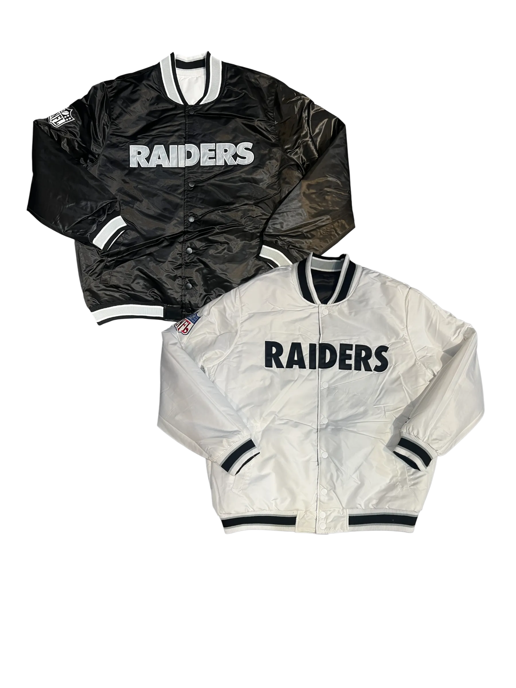 Las Vegas Raiders Varsity Full-Snap Reversible Satin Bomber Jacket - White/Black