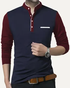 Men Full Sleeve Navy Marron Henley T-shirt