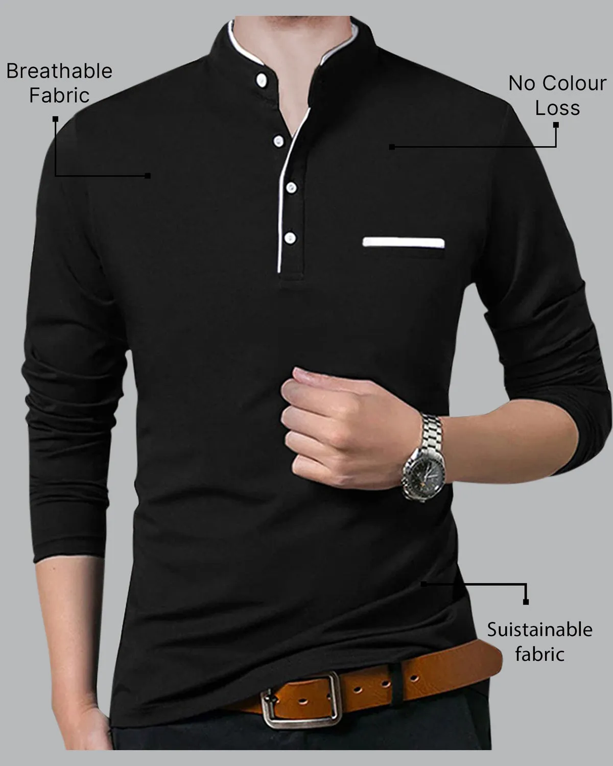 Men Henley Black Full Sleeve T-Shirt