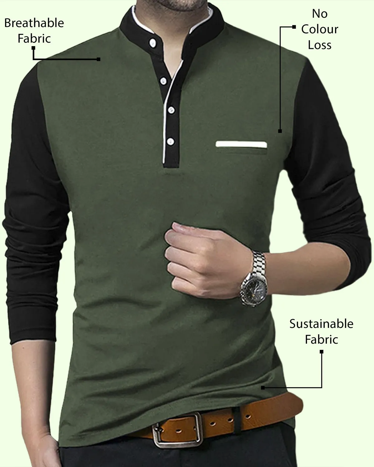 MEN HENLEY Full Sleeve OliveGreen Black Tshirt