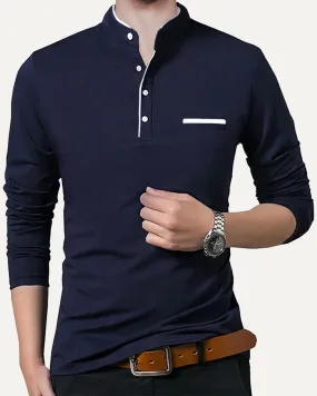 Men Plain Navy Blue White Piping Henley Full Sleeve T-shirt