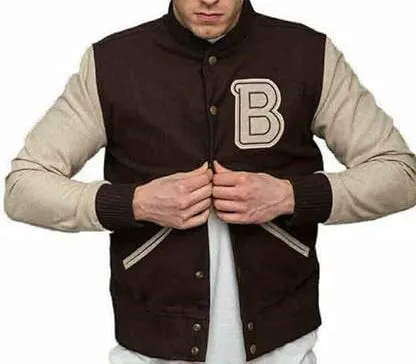 Mens B Logo Varsity Flight Bomber Brown Wool Jacket Trevor