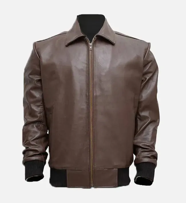 Men's Brown Leather Bomber Jacket