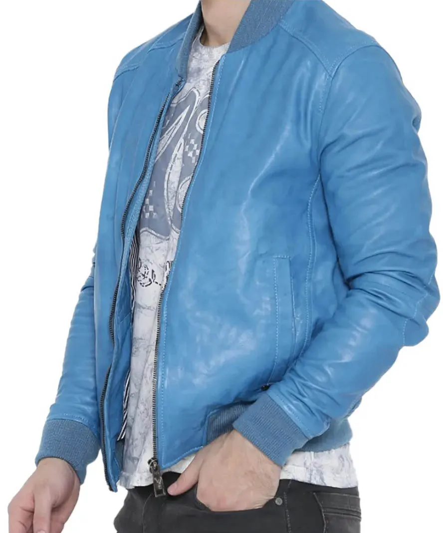 Men’s Light Blue Leather Bomber Jacket