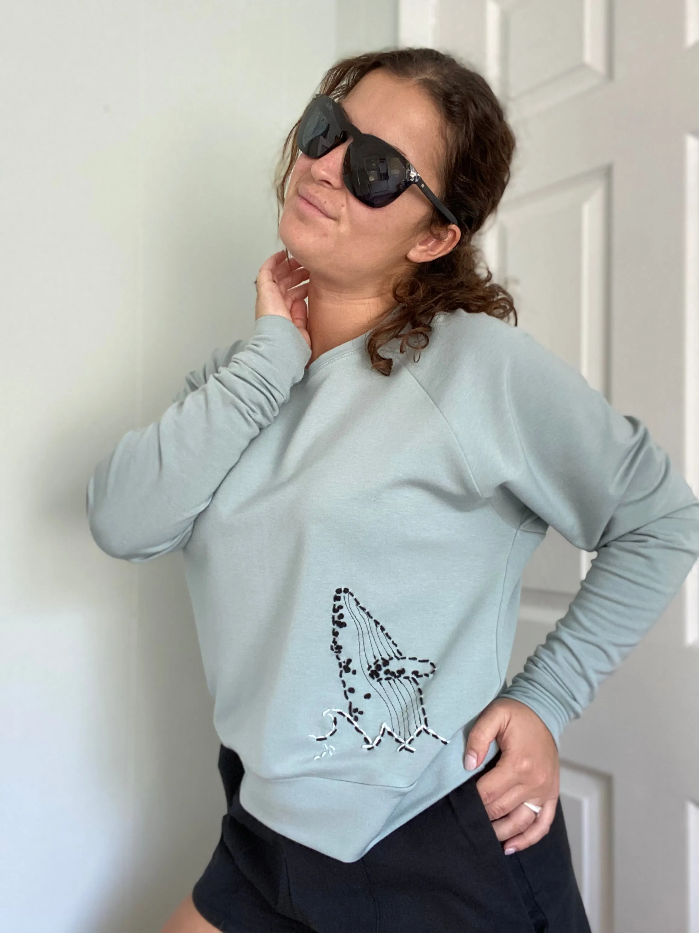 Mint Green Sweater with Whale Hand Embroidery